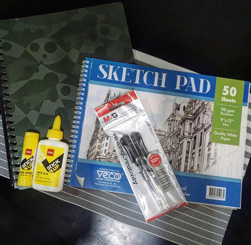 National Book Store Grand Back To School Fair May 2019 Art And Writing Supplies - Binder from Seagull, Sketchpad from Veco, Glue and Gluesticks from Deli and Ballpens from M&G