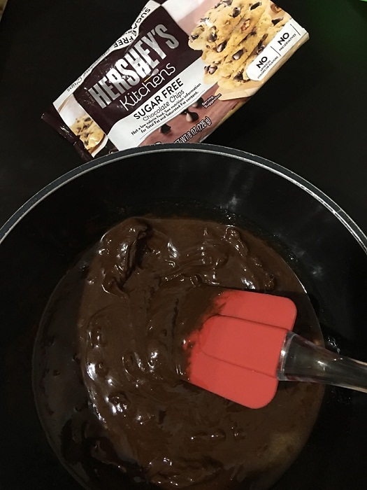 Hershey's sugar-free chocolate chips and you can also replace white sugar with muscovado sugar