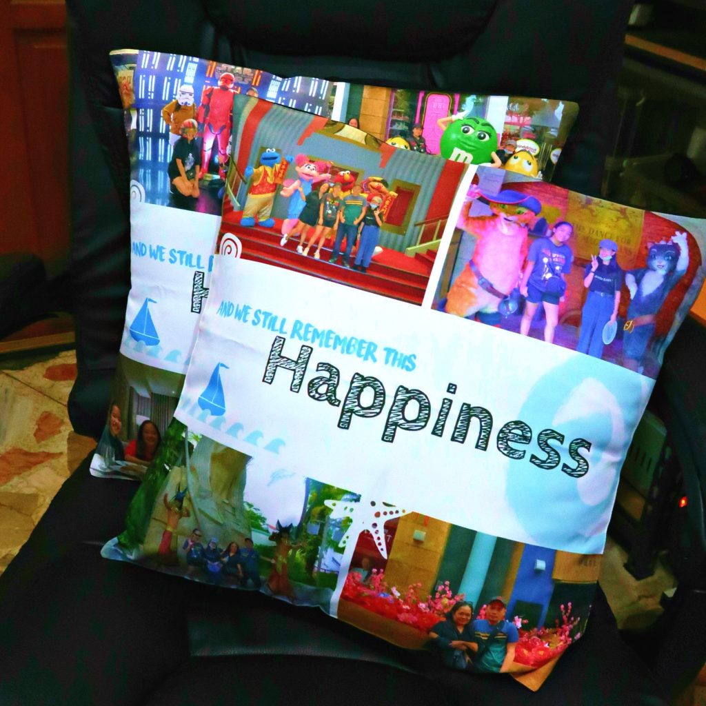 Customized pillows where our travel photos were printed.