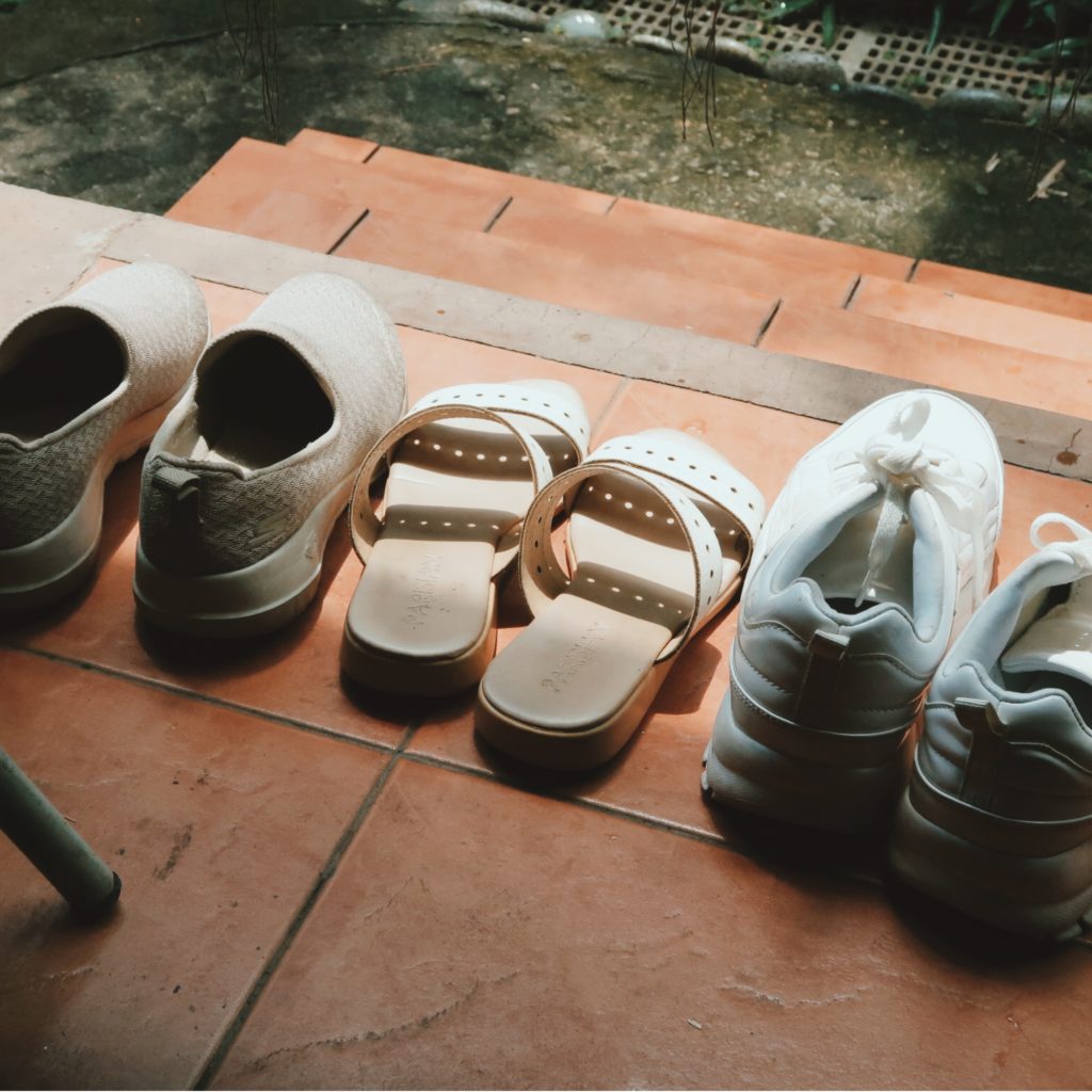 It's our policy at home to leave our shoes and slippers and let them sit under the sun for several hours instead of constantly washing them after each use so we can save water by doing so.