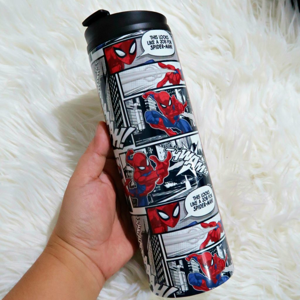 Customized Spiderman thermal tumbler - it has my husband's name printed on the opposite side.