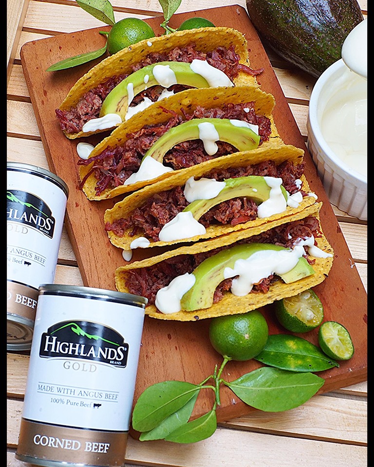 CDO Highlands Gold Corned Beef Tacos With Avocados And Creamy Lemon Sauce