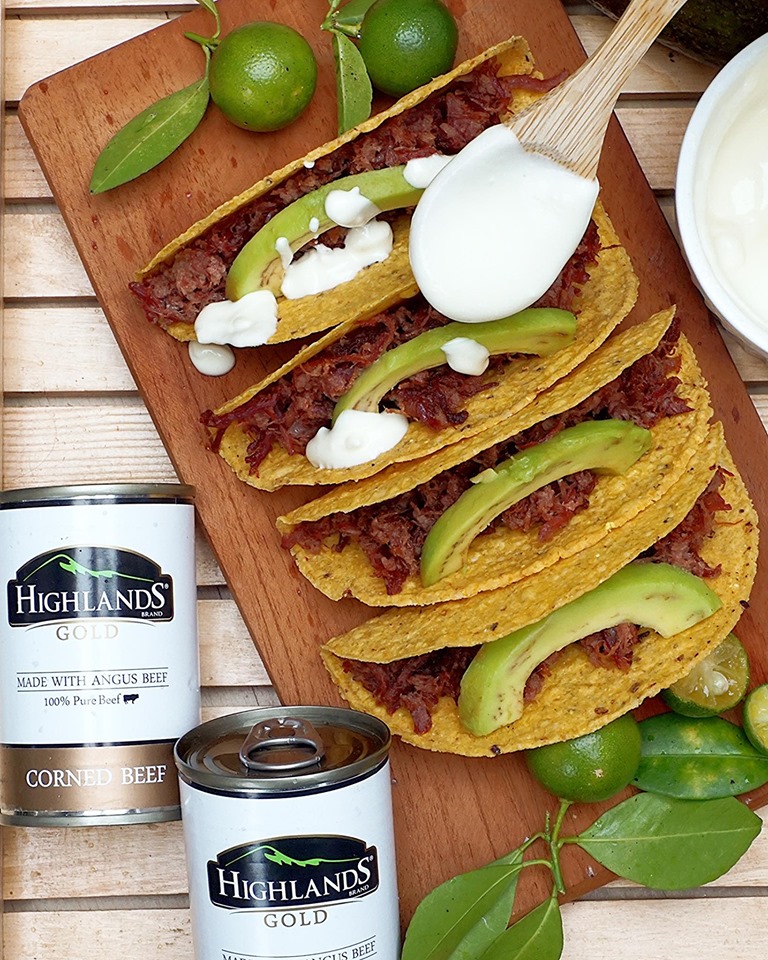 CDO Highlands Gold Corned Beef Tacos With Avocados And Creamy Lemon Sauce