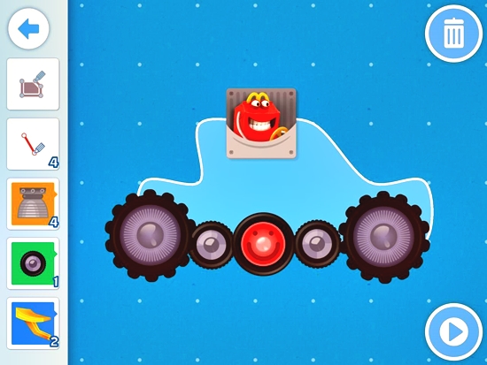 Happy Studio app lets you be Be an inventor. In this activity, there's a challenge where you need to build a car of your own design which should be able run and jump off a gap on a cliff. 